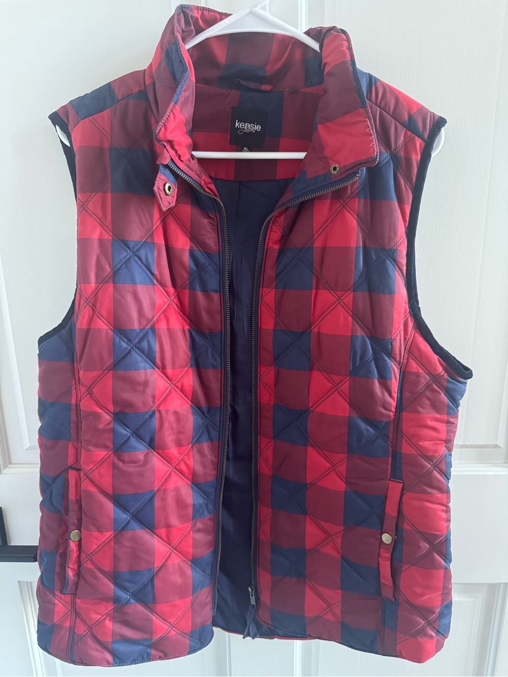 Kensie Jeans Buffalo Plaid Quilted Puffer Vest Red Navy Blue XL EUC
